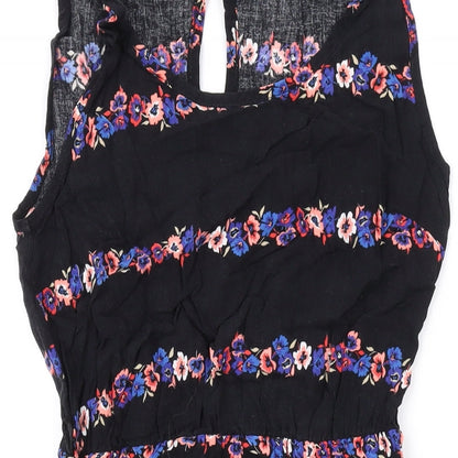 Internacionale Womens Black Floral Viscose A-Line Size 8 Round Neck Button