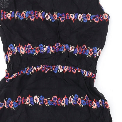 Internacionale Womens Black Floral Viscose A-Line Size 8 Round Neck Button