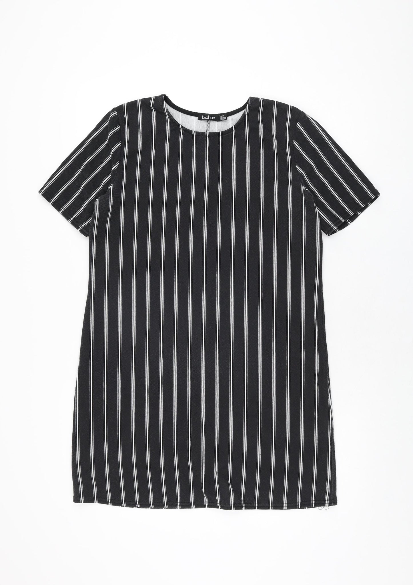 Boohoo Womens Black Striped Polyester Shift Size 12 Round Neck Pullover