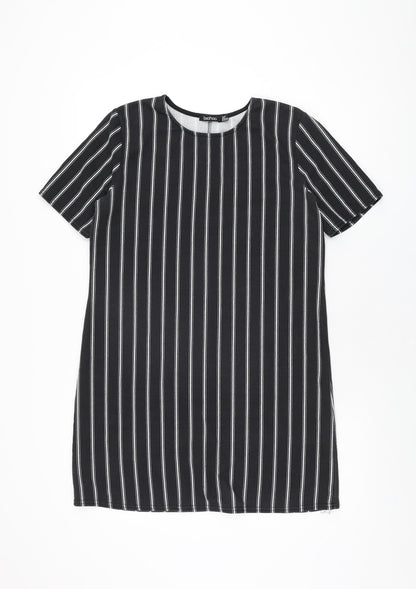 Boohoo Womens Black Striped Polyester Shift Size 12 Round Neck Pullover