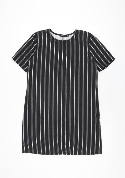 Boohoo Womens Black Striped Polyester Shift Size 12 Round Neck Pullover