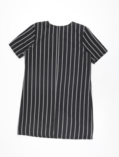 Boohoo Womens Black Striped Polyester Shift Size 12 Round Neck Pullover
