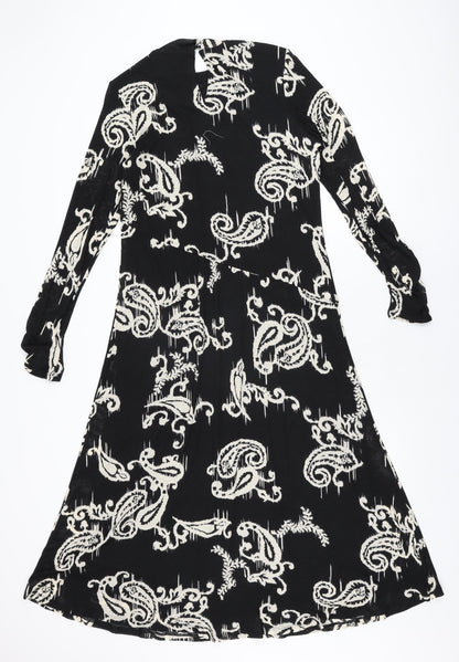 Marks and Spencer Womens Black Geometric Polyester A-Line Size 14 Round Neck Button
