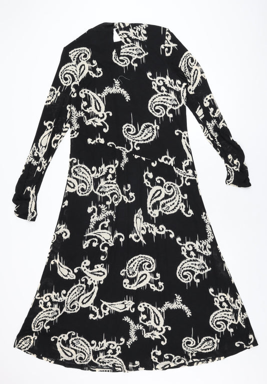 Marks and Spencer Womens Black Geometric Polyester A-Line Size 14 Round Neck Button