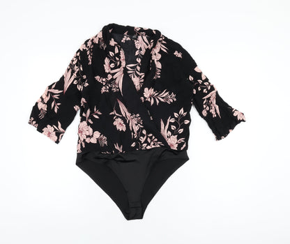 River Island Womens Black Floral Viscose Bodysuit One-Piece Size 10 Snap