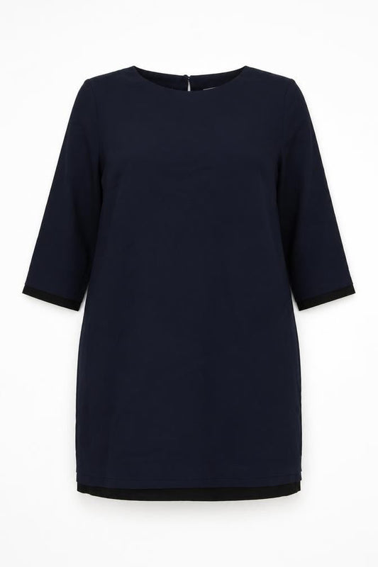 Front view of Betty Jackson Black women’s blue polyester shift, size UK 18, round neck button