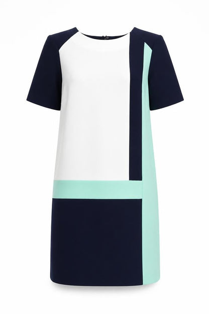 Marks and Spencer Womens Blue Geometric Polyester Shift Size 8 Round Neck Zip
