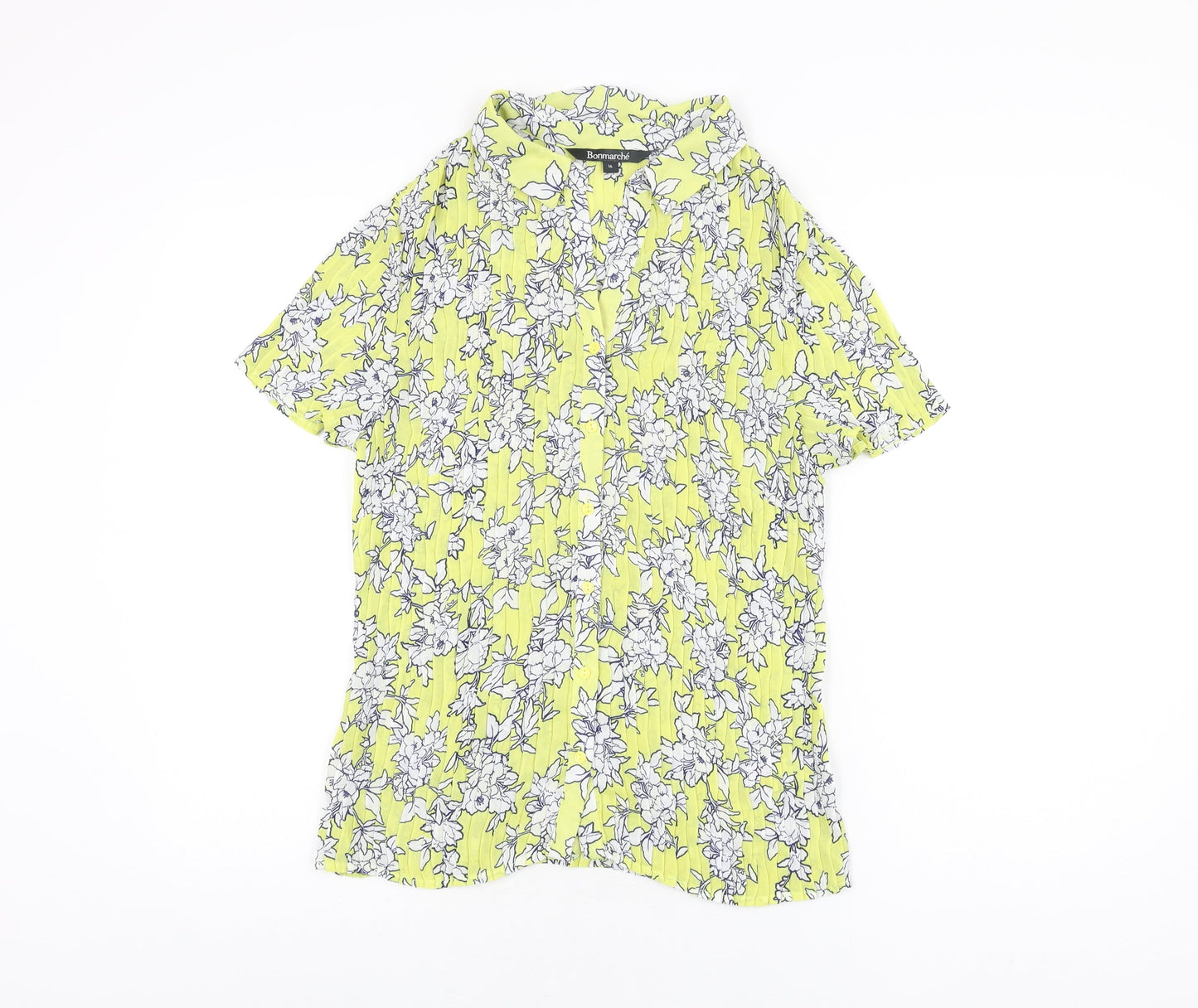 Bonmarché Womens Yellow Floral Polyester Basic Button-Up Size 16 Collared