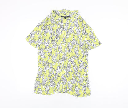 Bonmarché Womens Yellow Floral Polyester Basic Button-Up Size 16 Collared