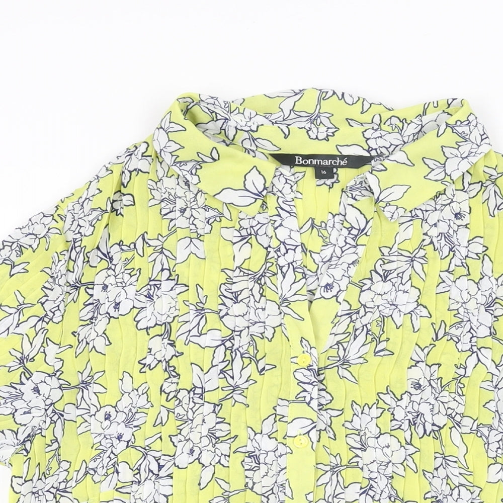 Bonmarché Womens Yellow Floral Polyester Basic Button-Up Size 16 Collared