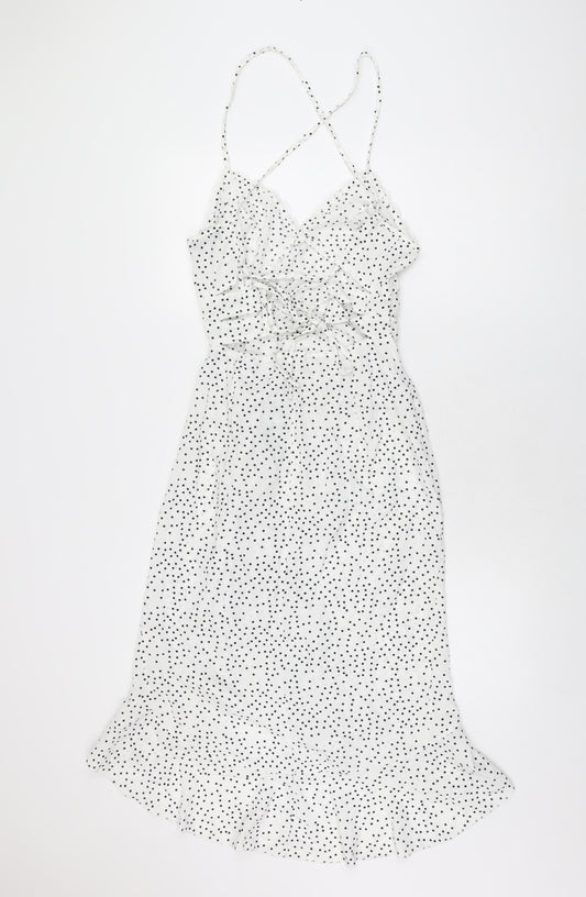 PRETTYLITTLETHING Womens White Polka Dot Polyester A-Line Size 8 V-Neck Zip