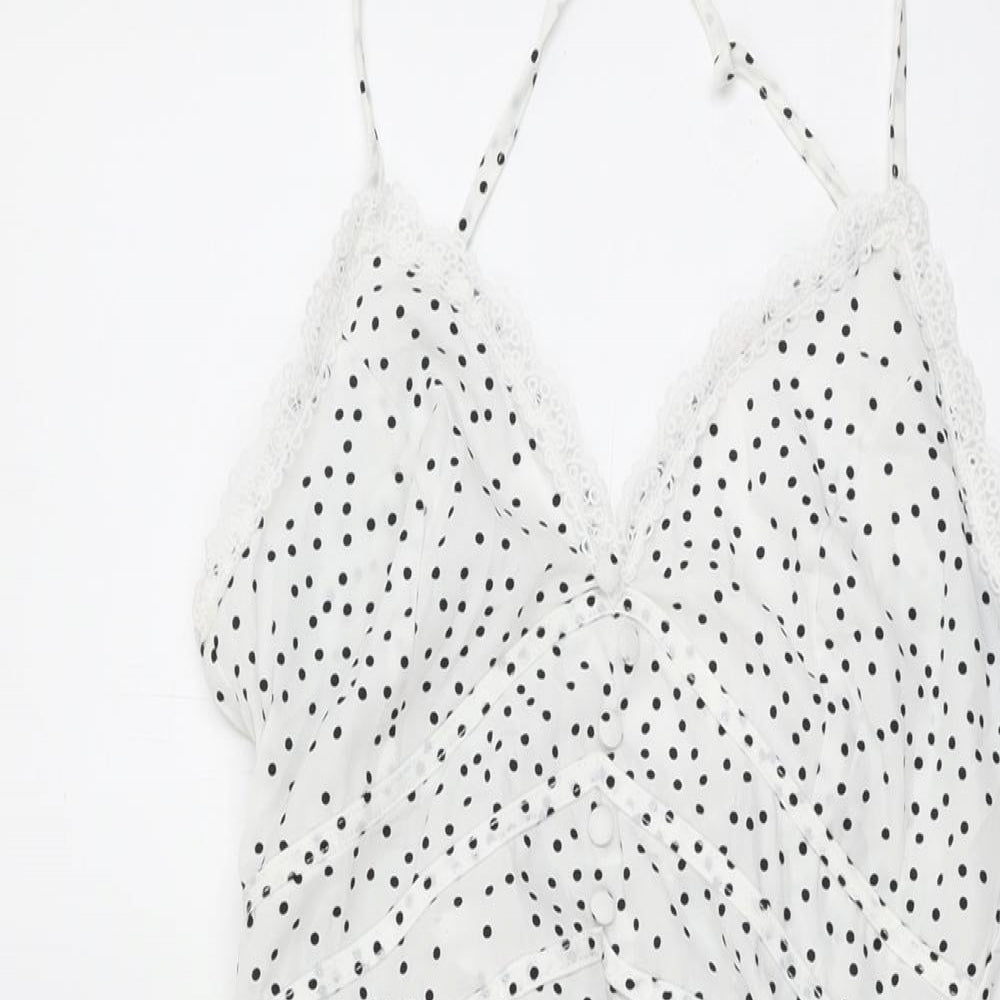 PRETTYLITTLETHING Womens White Polka Dot Polyester A-Line Size 8 V-Neck Zip