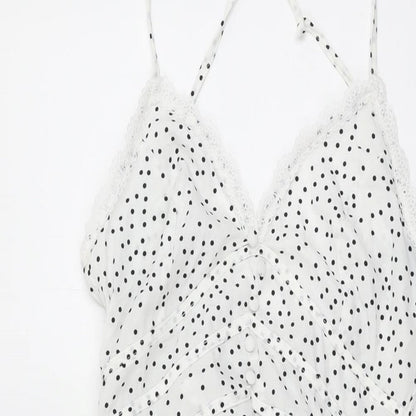 PRETTYLITTLETHING Womens White Polka Dot Polyester A-Line Size 8 V-Neck Zip