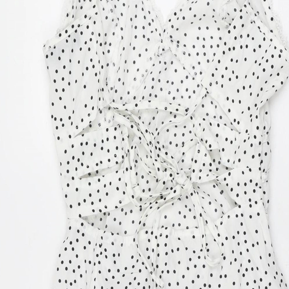 PRETTYLITTLETHING Womens White Polka Dot Polyester A-Line Size 8 V-Neck Zip