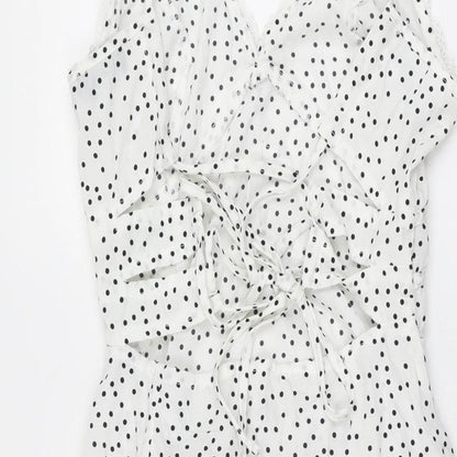 PRETTYLITTLETHING Womens White Polka Dot Polyester A-Line Size 8 V-Neck Zip