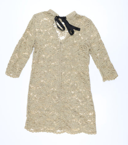 Monsoon Womens Brown Floral Polyester Shift Size 14 Round Neck Zip