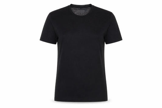 Front view of ASOS women’s black polyester basic t-shirt, size M, round neck - sheer
