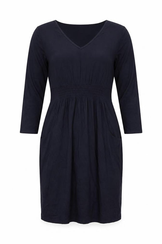 Front view of Kaliko women’s blue viscose bodycon, size UK 14, v-neck pullover