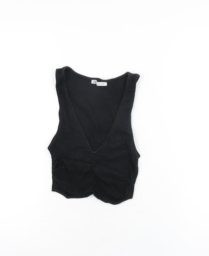 Zara Womens Black Polyester Cropped T-Shirt Size S V-Neck