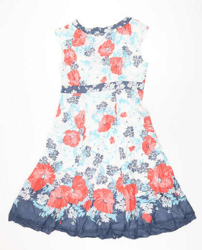 Monsoon Womens White Floral Polyester A-Line Size 14 V-Neck Zip