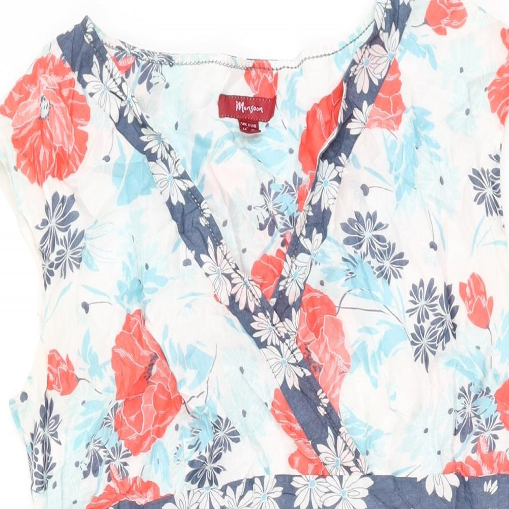 Monsoon Womens White Floral Polyester A-Line Size 14 V-Neck Zip