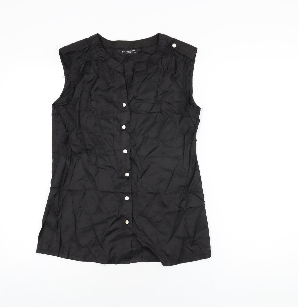 Additional front view of Collection London women’s black cotton basic button-up, size UK 10, v-neck