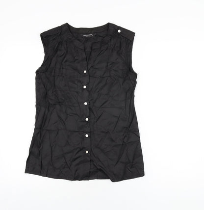 Additional front view of Collection London women’s black cotton basic button-up, size UK 10, v-neck