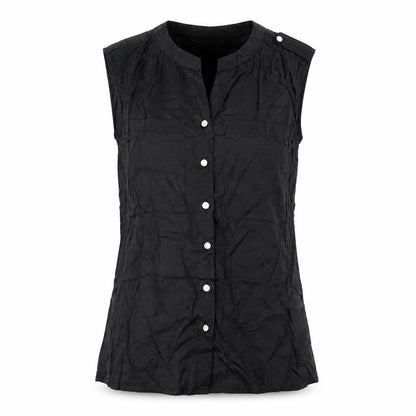 Front view of Collection London women’s black cotton basic button-up, size UK 10, v-neck