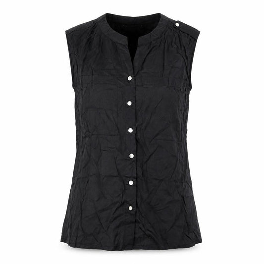 Front view of Collection London women’s black cotton basic button-up, size UK 10, v-neck
