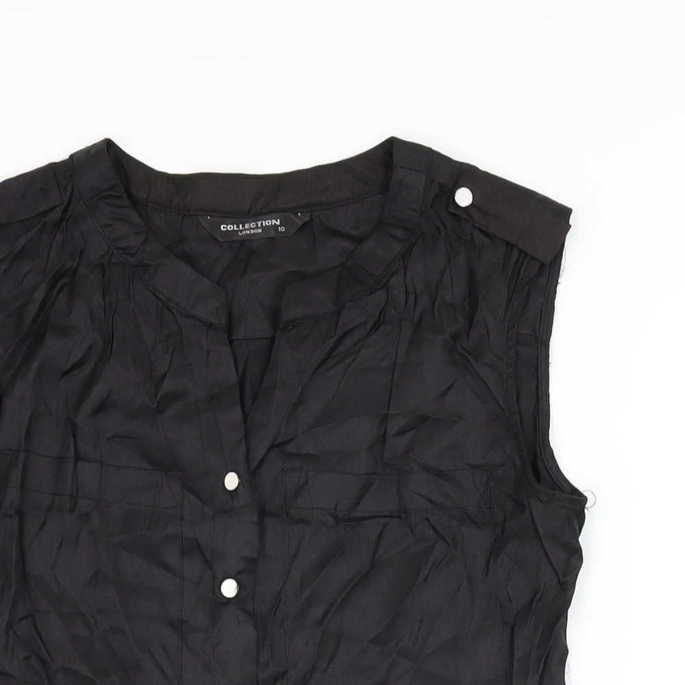 Close-up detail of Collection London women’s black cotton basic button-up, size UK 10, v-neck