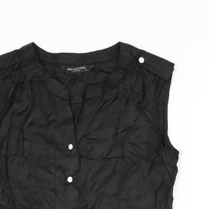 Close-up detail of Collection London women’s black cotton basic button-up, size UK 10, v-neck