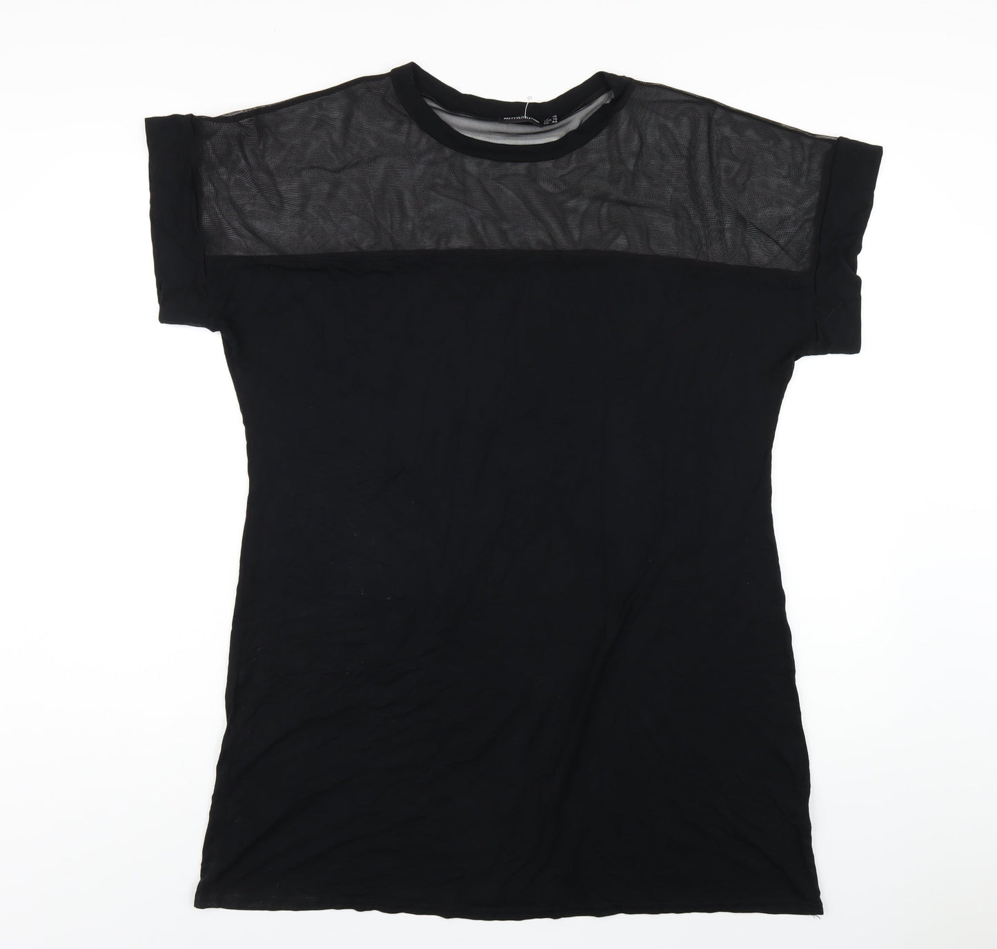 PRETTYLITTLETHING Womens Black Viscose T-Shirt Dress Size 16 Round Neck Pullover - Mesh Panel