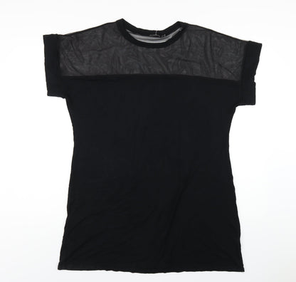 PRETTYLITTLETHING Womens Black Viscose T-Shirt Dress Size 16 Round Neck Pullover - Mesh Panel