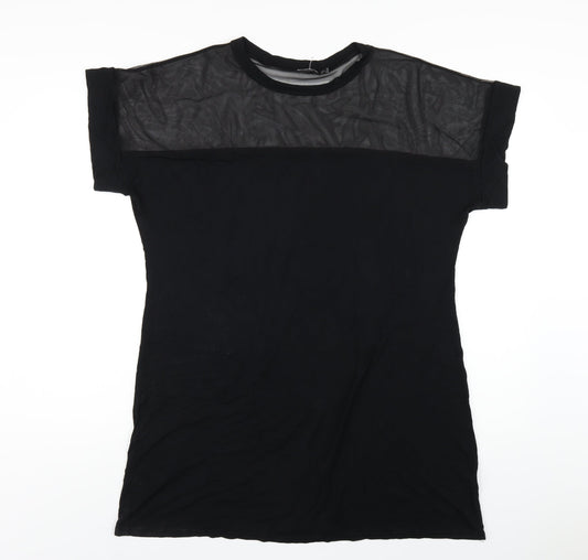 PRETTYLITTLETHING Womens Black Viscose T-Shirt Dress Size 16 Round Neck Pullover - Mesh Panel