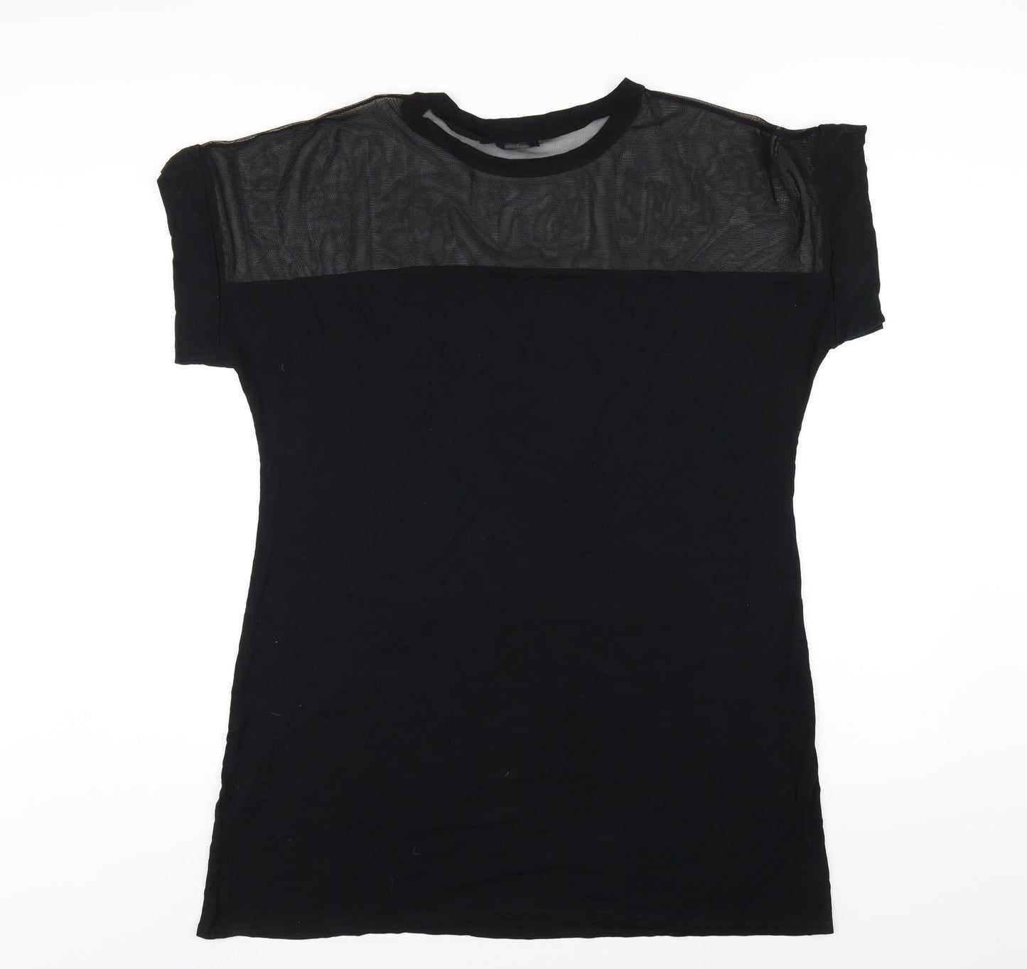 PRETTYLITTLETHING Womens Black Viscose T-Shirt Dress Size 16 Round Neck Pullover - Mesh Panel