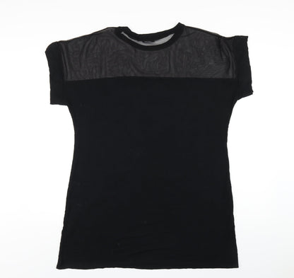 PRETTYLITTLETHING Womens Black Viscose T-Shirt Dress Size 16 Round Neck Pullover - Mesh Panel