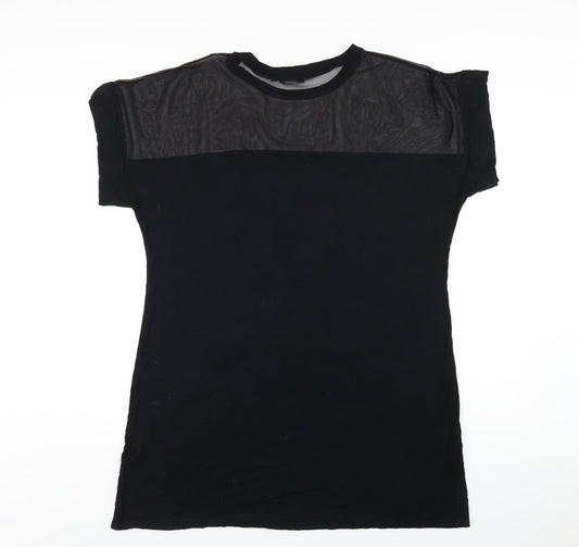 PRETTYLITTLETHING Womens Black Viscose T-Shirt Dress Size 16 Round Neck Pullover - Mesh Panel