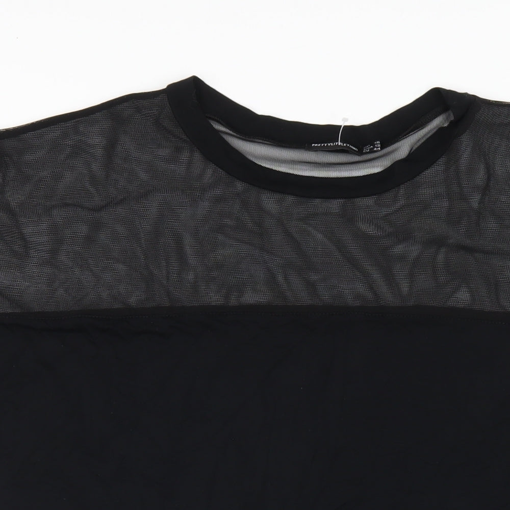 PRETTYLITTLETHING Womens Black Viscose T-Shirt Dress Size 16 Round Neck Pullover - Mesh Panel