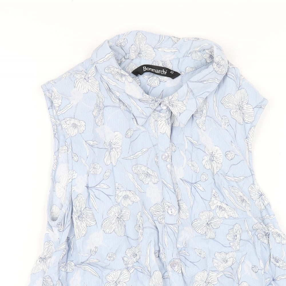 Bonmarché Womens Blue Floral Viscose Basic Button-Up Size 10 Collared