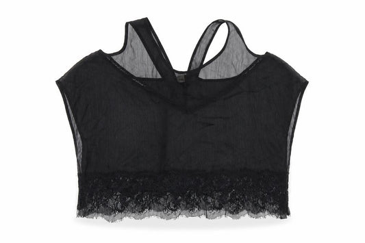 Front view of ASOS women’s black polyester basic t-shirt, size UK 12, round neck - lace trim
