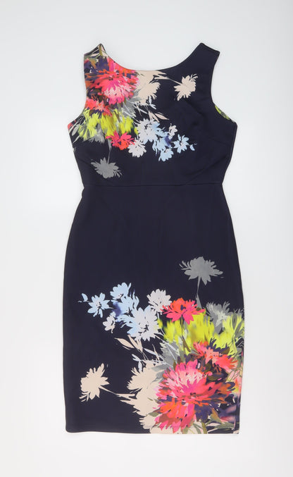 NEXT Womens Blue Floral Polyester Sheath Size 12 Round Neck Zip