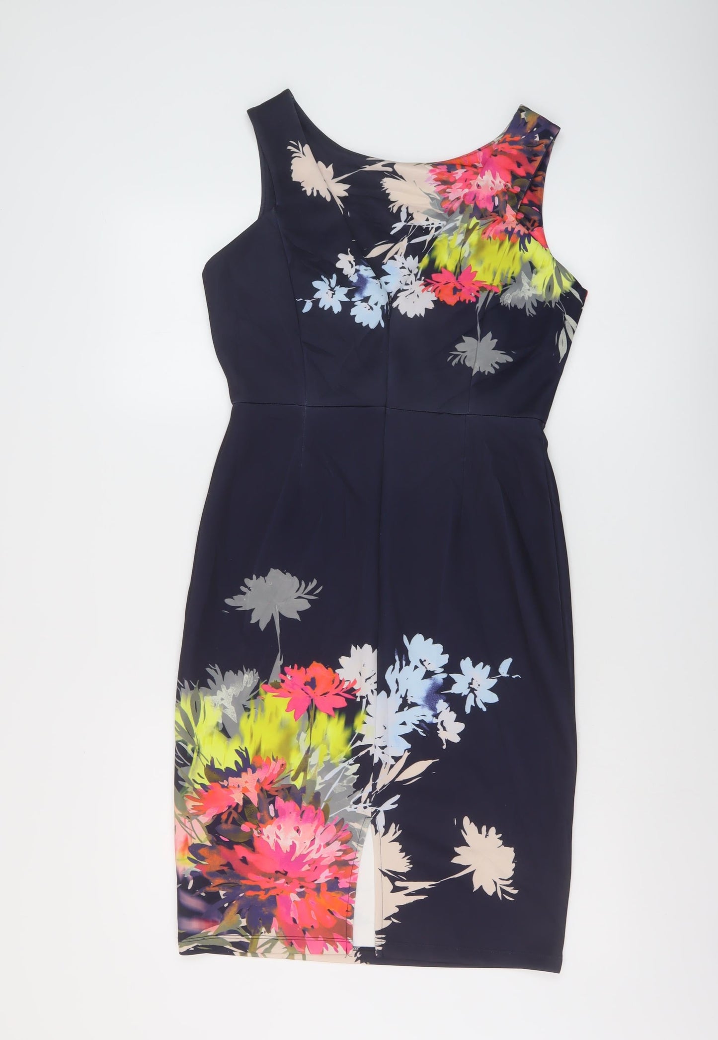 NEXT Womens Blue Floral Polyester Sheath Size 12 Round Neck Zip
