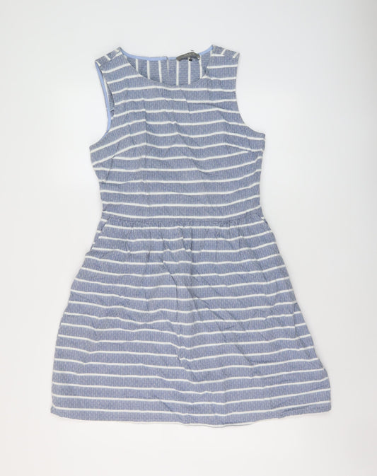 Oasis Womens Blue Striped Cotton A-Line Size 12 Round Neck Button