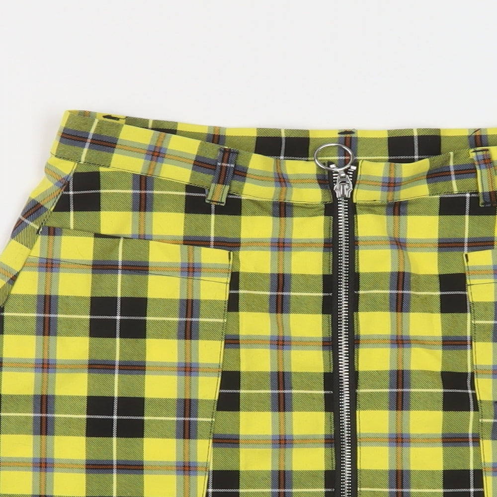 Monki Womens Yellow Plaid Polyester A-Line Skirt Size 8 Zip