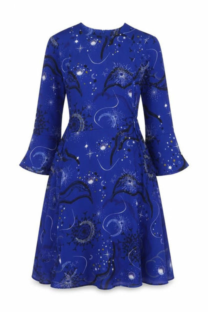 Marks and Womens Blue Geometric Polyester A-Line Size 8 Round Neck Zip