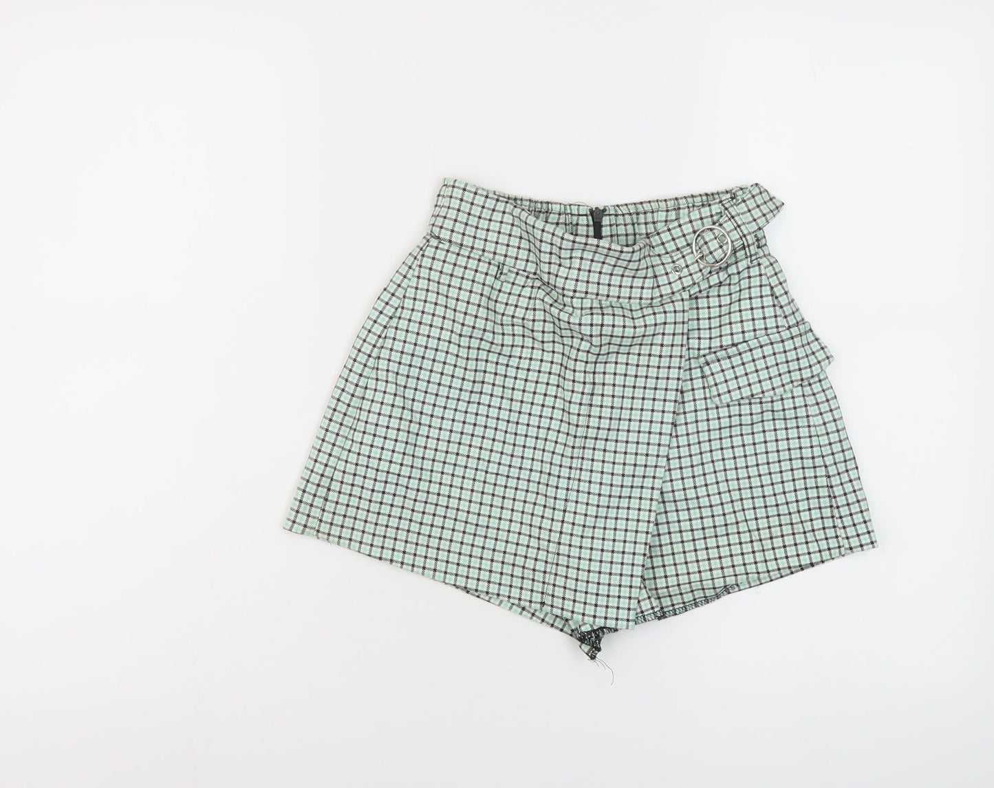 Bershka Womens Green Plaid Polyester Basic Shorts Size 6 L4 in Regular Zip