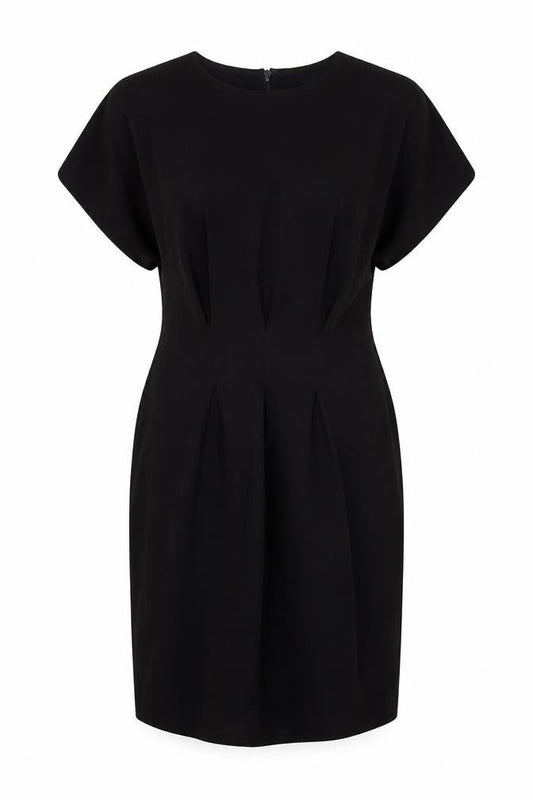 Front view of ASOS women’s black polyester sheath, size UK 12, round neck zip