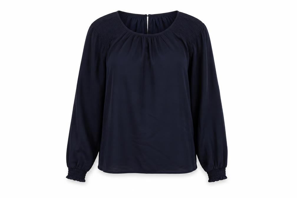 Front view of Alex & Lili women’s blue polyester basic blouse, size M, round neck