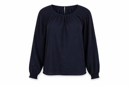 Front view of Alex & Lili women’s blue polyester basic blouse, size M, round neck