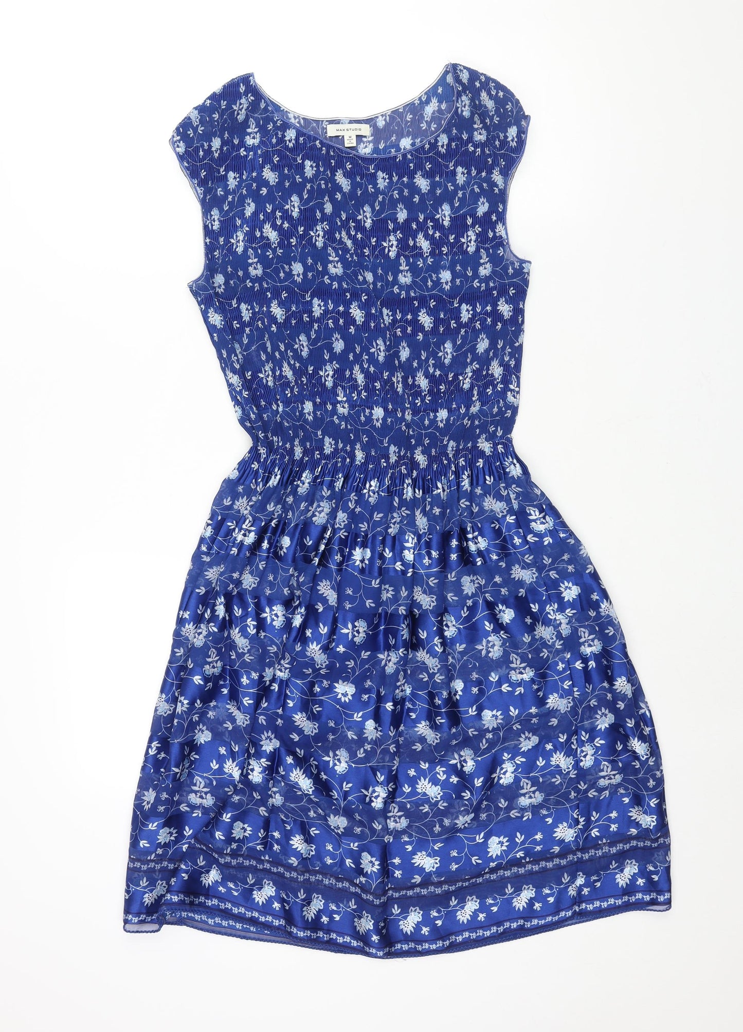 Max Studio Womens Blue Floral Polyester A-Line Size M Round Neck Pullover